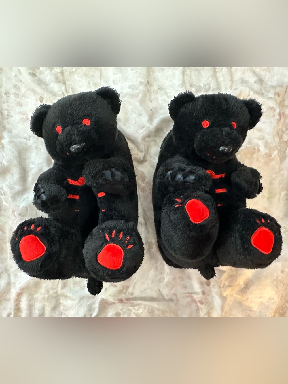 Dolls Kill Black Plush Bear Slippers with Red Paw Accents